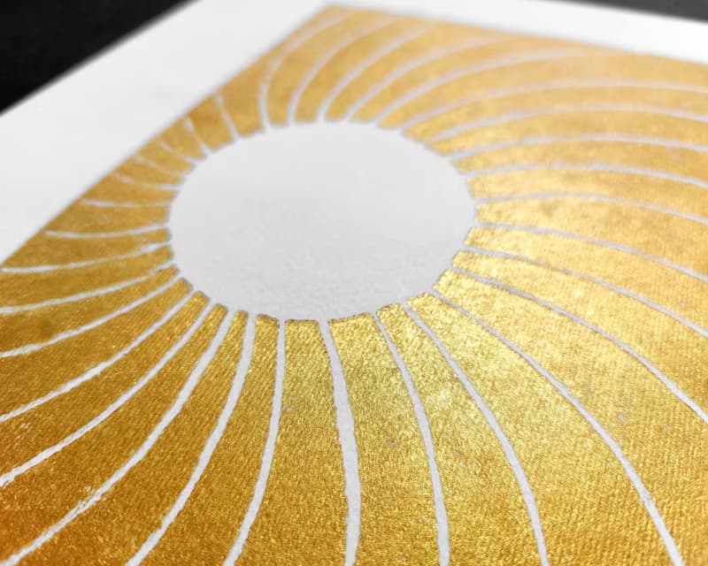 Gold japanese sun Linocut print wall art Original relief artwork Bedroom decor