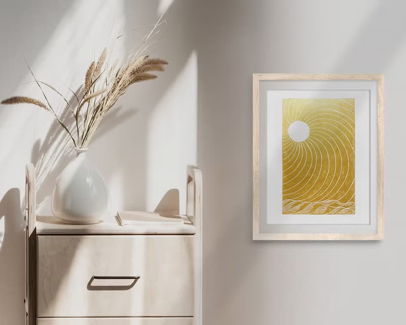 Gold japanese sun Linocut print wall art Original relief artwork Bedroom decor