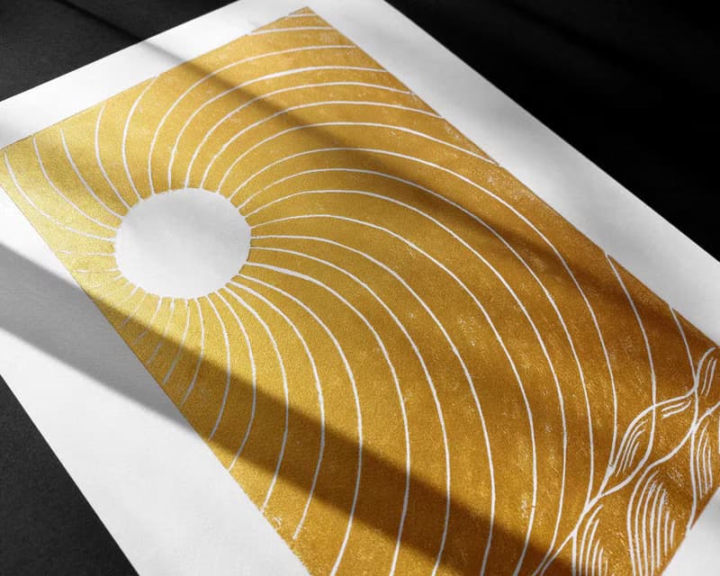 Gold japanese sun Linocut print wall art Original relief artwork Bedroom decor