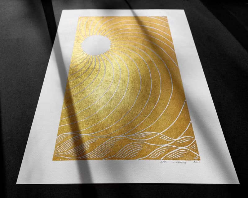 Gold japanese sun Linocut print wall art Original relief artwork Bedroom decor