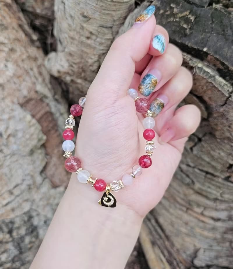 女神光-好人緣/愛情/氣色 /草莓晶/月光石/薔薇石/粉晶水晶手鍊