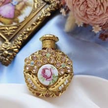 捷克工藝玻璃金絲掐紋萊茵瓷玫瑰香水瓶/美國西洋古董飾品