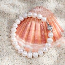 天然白色淡水珍珠手鍊 銀色燈籠扣 8-9mm  時尚優雅 聖誕節禮物