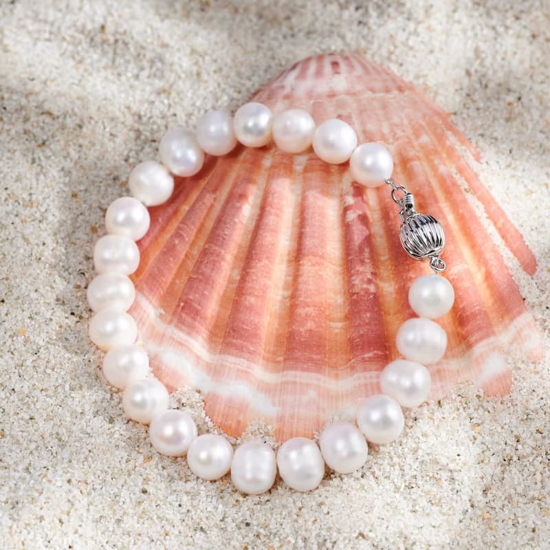 天然白色淡水珍珠手鍊 銀色燈籠扣 8-9mm  時尚優雅 聖誕節禮物