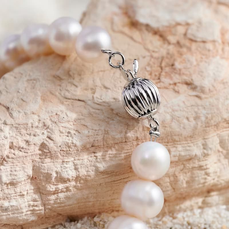 天然白色淡水珍珠手鍊 銀色燈籠扣 8-9mm  時尚優雅 聖誕節禮物