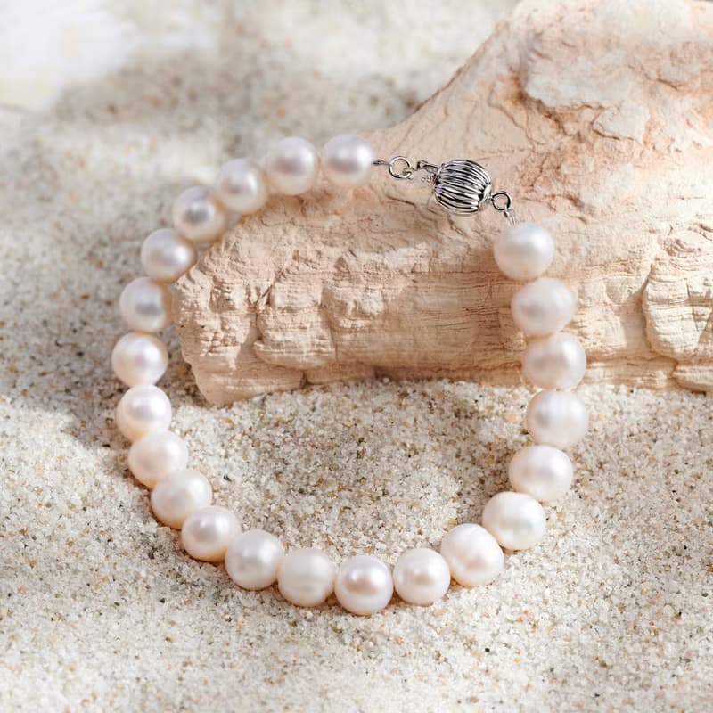 天然白色淡水珍珠手鍊 銀色燈籠扣 8-9mm  時尚優雅 聖誕節禮物