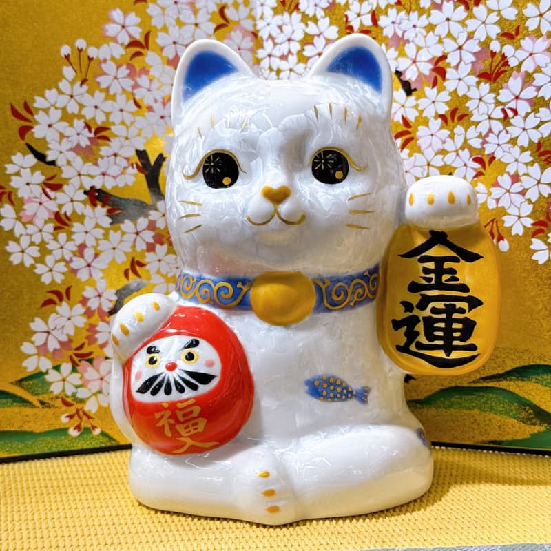 【白晶金運】日本清水燒招財貓 | 達摩花結晶 - 白金運