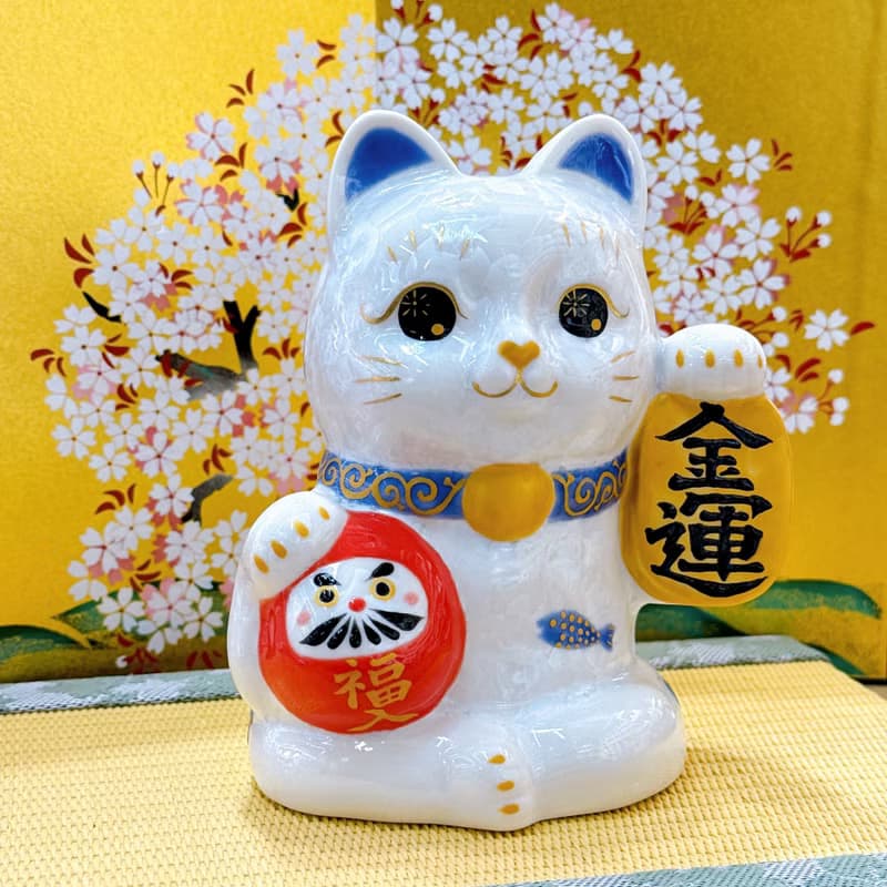 【白晶金運】日本清水燒招財貓 | 達摩花結晶 - 白金運