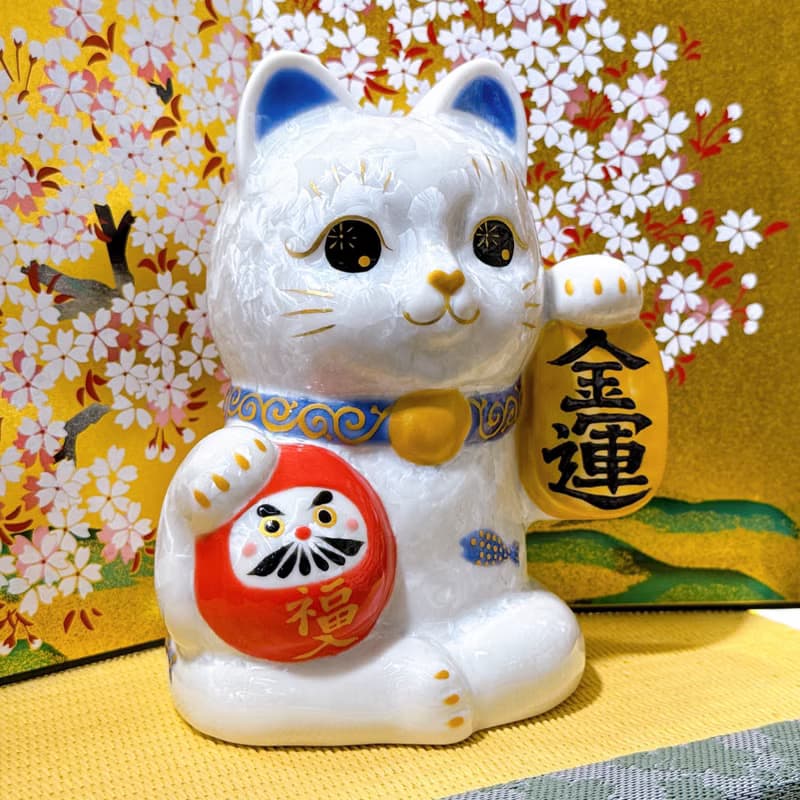 【白晶金運】日本清水燒招財貓 | 達摩花結晶 - 白金運