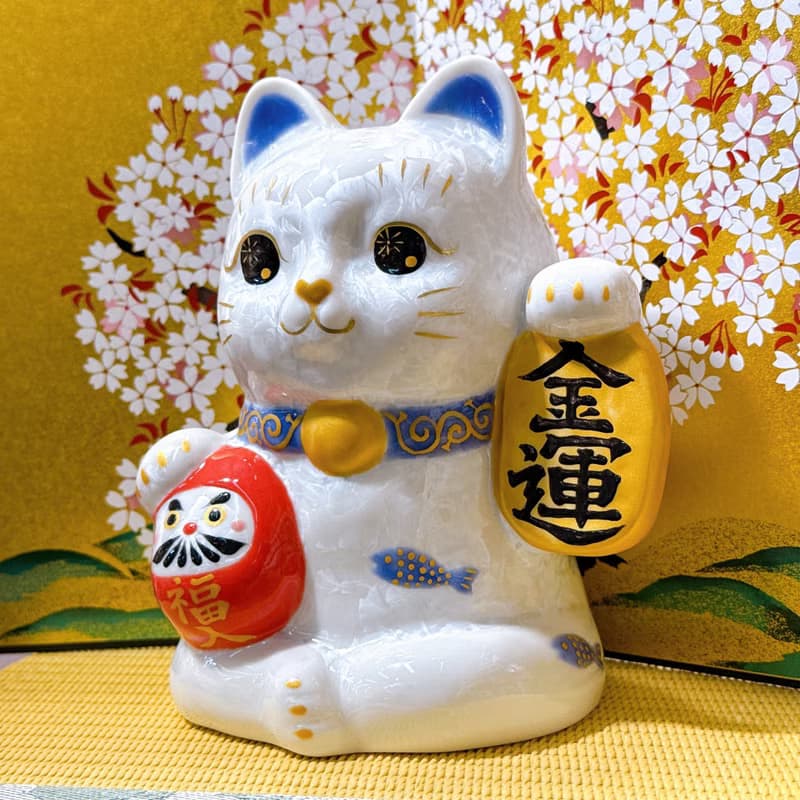 【白晶金運】日本清水燒招財貓 | 達摩花結晶 - 白金運