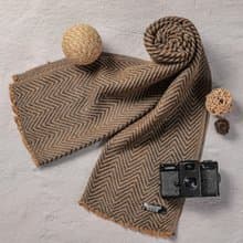 【窄版】喀什米爾羊毛圍巾 棕色山形紋 脖圍 手工編織 男女適用