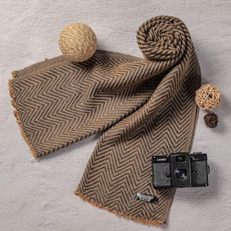 【窄版】喀什米爾羊毛圍巾 棕色山形紋 脖圍 手工編織 男女適用