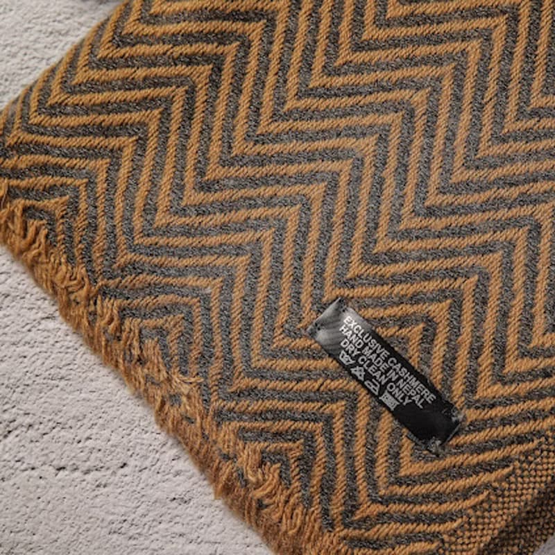 【窄版】喀什米爾羊毛圍巾 棕色山形紋 脖圍 手工編織 男女適用