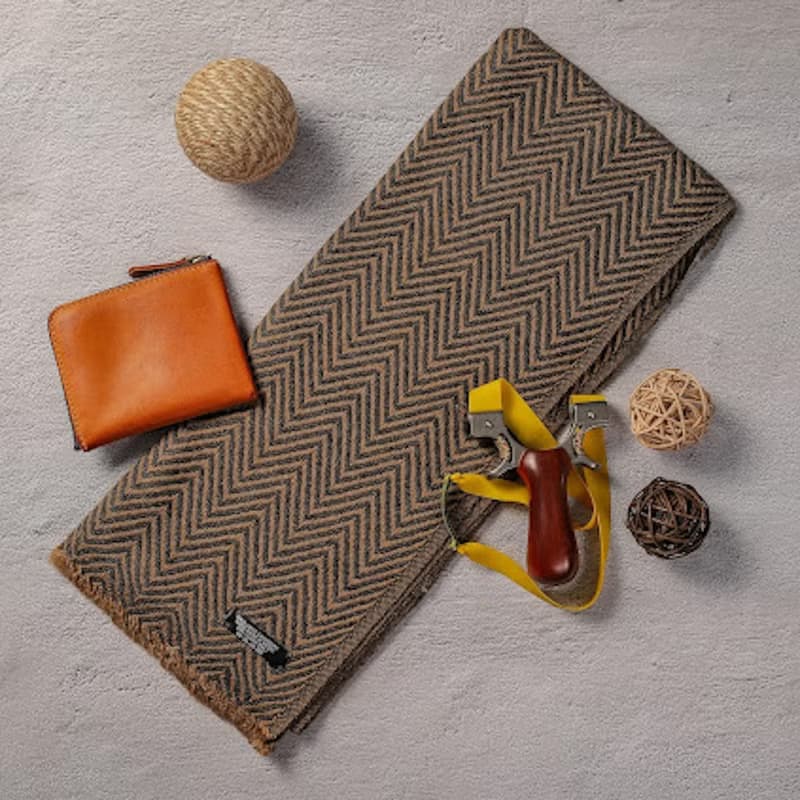 【窄版】喀什米爾羊毛圍巾 棕色山形紋 脖圍 手工編織 男女適用