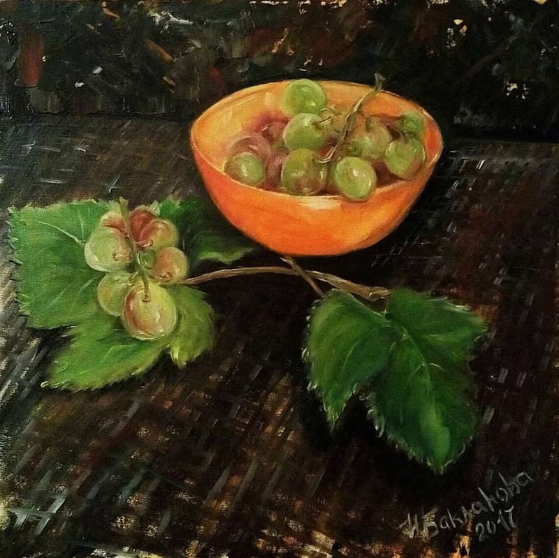 現代綠葡萄靜物原創繪畫暖色調餐廳藝術裝飾