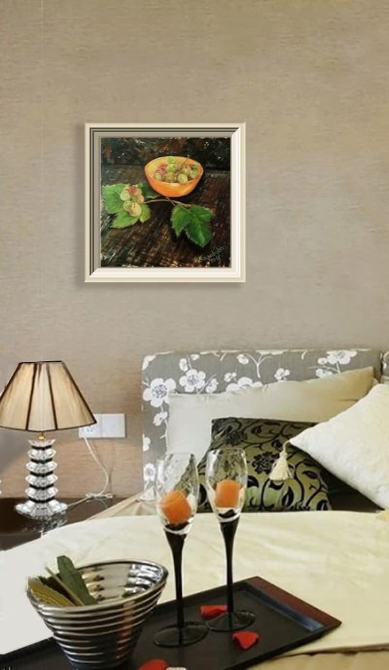 現代綠葡萄靜物原創繪畫暖色調餐廳藝術裝飾