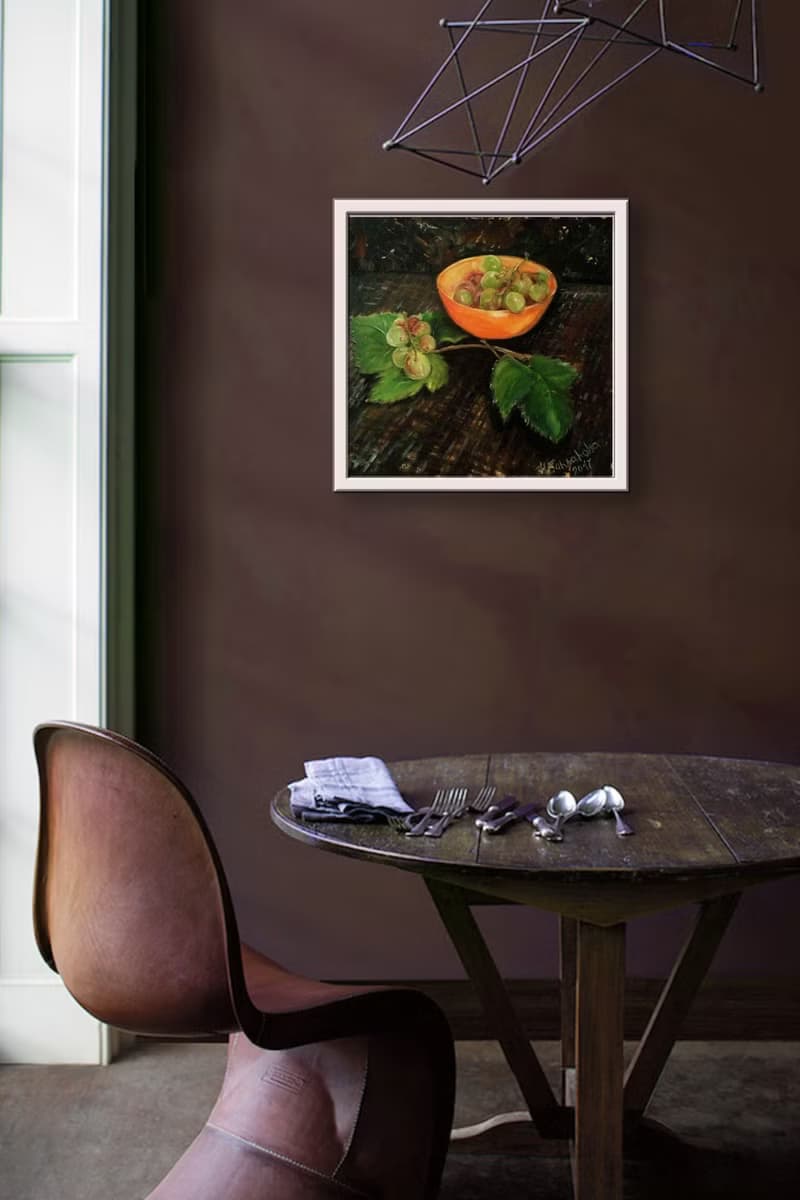 現代綠葡萄靜物原創繪畫暖色調餐廳藝術裝飾