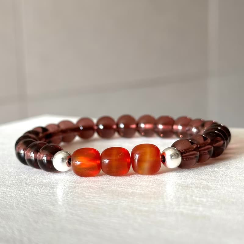 【濃縮咖啡琉璃】棕琉璃方紅瑪瑙簡約鍍銀手鏈 幸運 勇氣 意志