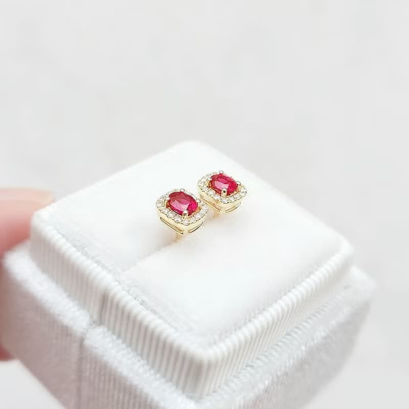 限量現貨 - 天然橢圓形紅寶 鑲鑽 純 18K 黃金耳釘 0.50ct 小華麗