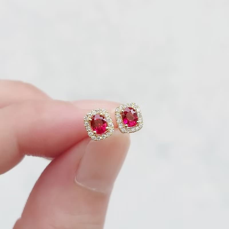 限量現貨 - 天然橢圓形紅寶 鑲鑽 純 18K 黃金耳釘 0.50ct 小華麗