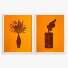 Gallery wall set of 2 wall art Linocut print His her face vase and funny plant