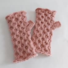 桃粉色 混紡美麗諾羊毛露指手套 手工編織