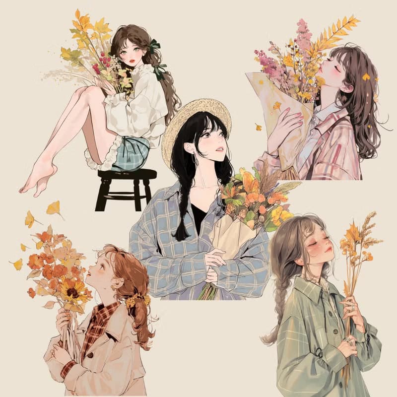 【數位】秋季女孩貼紙與花束PNG組 拼貼素材、手帳日記、數位貼紙最佳選