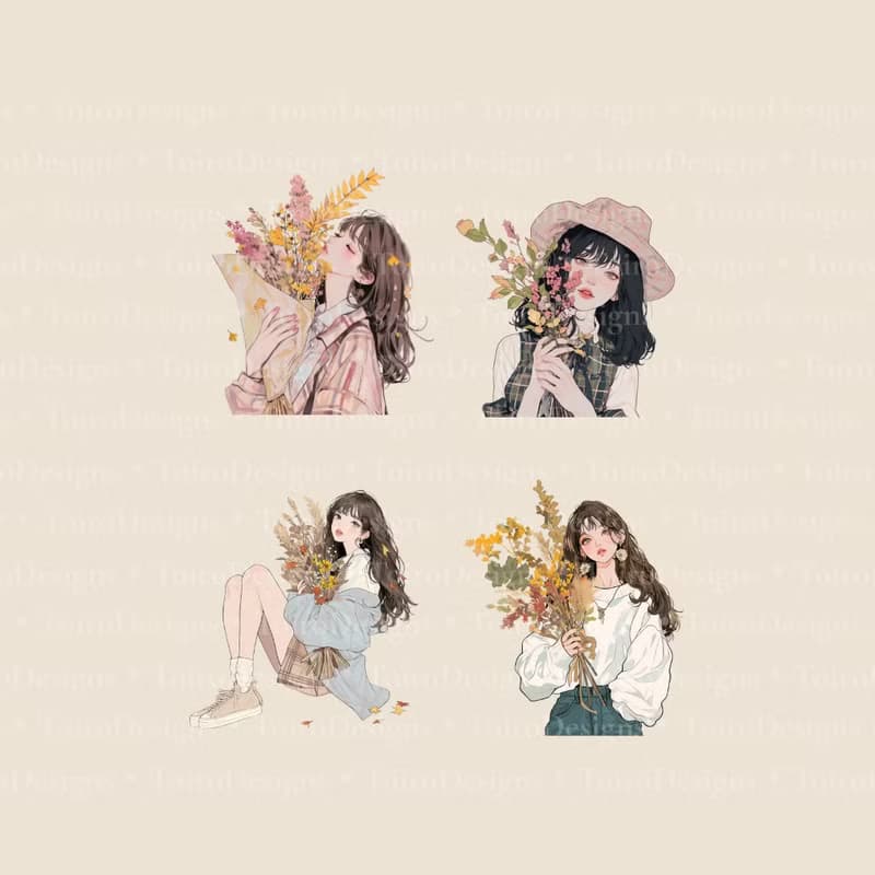 【數位】秋季女孩貼紙與花束PNG組 拼貼素材、手帳日記、數位貼紙最佳選