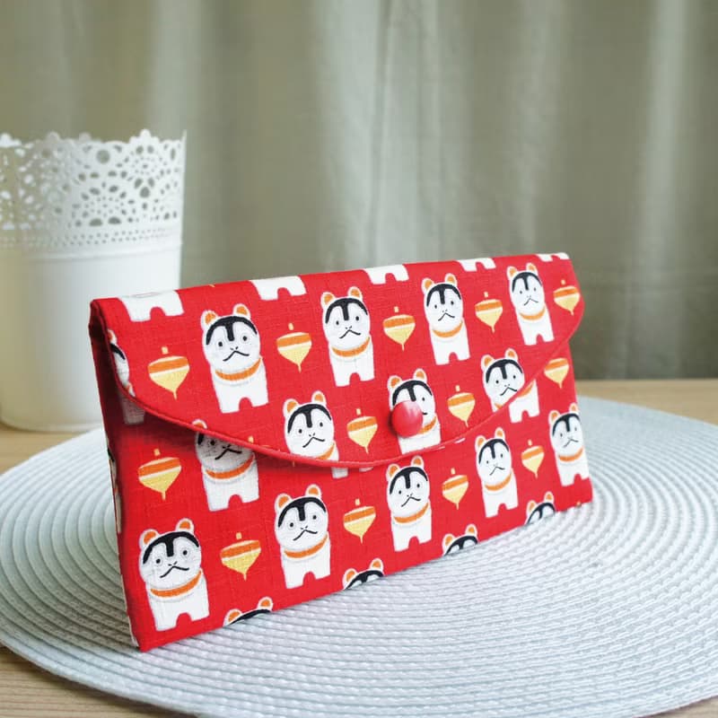 Lovely日本布【福氣招財貓紅包袋、紅】存摺套、現金收納袋E