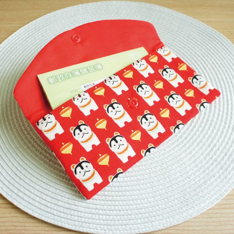 Lovely日本布【福氣招財貓紅包袋、紅】存摺套、現金收納袋E