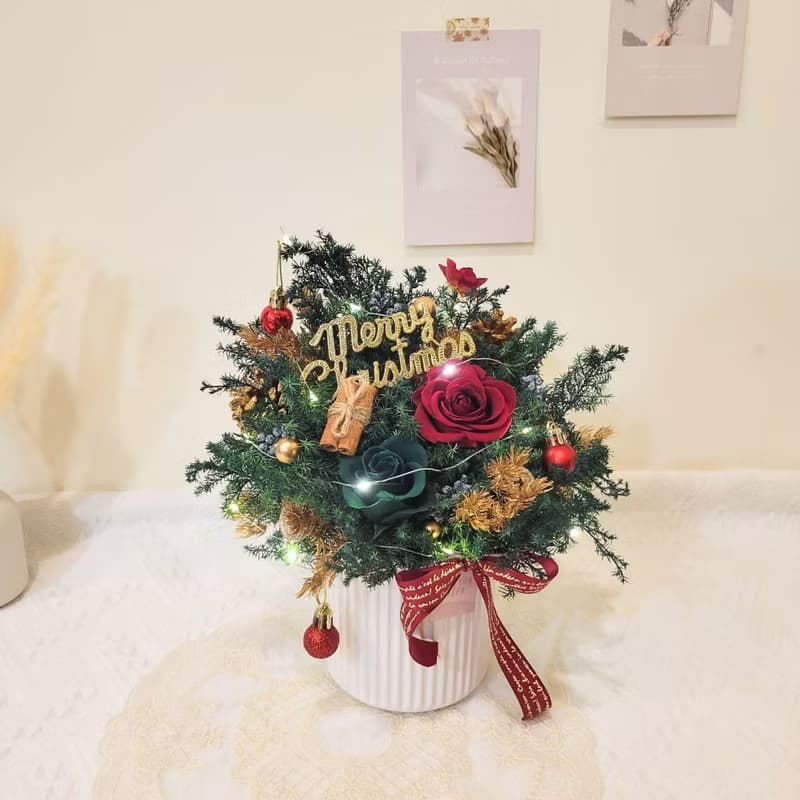 兩用永生雪松桌花擺飾。附燈。聖誕禮盒。新年禮盒