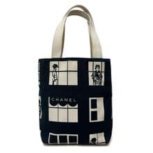 本物 CHANEL シャネル トートバッグ ハンドバッグ ウィンドウズライン キャンバス ネイビー ホワイト 8番台 中古