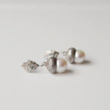 純銀愛迪生大珍珠橡實橡樹葉耳環耳釘