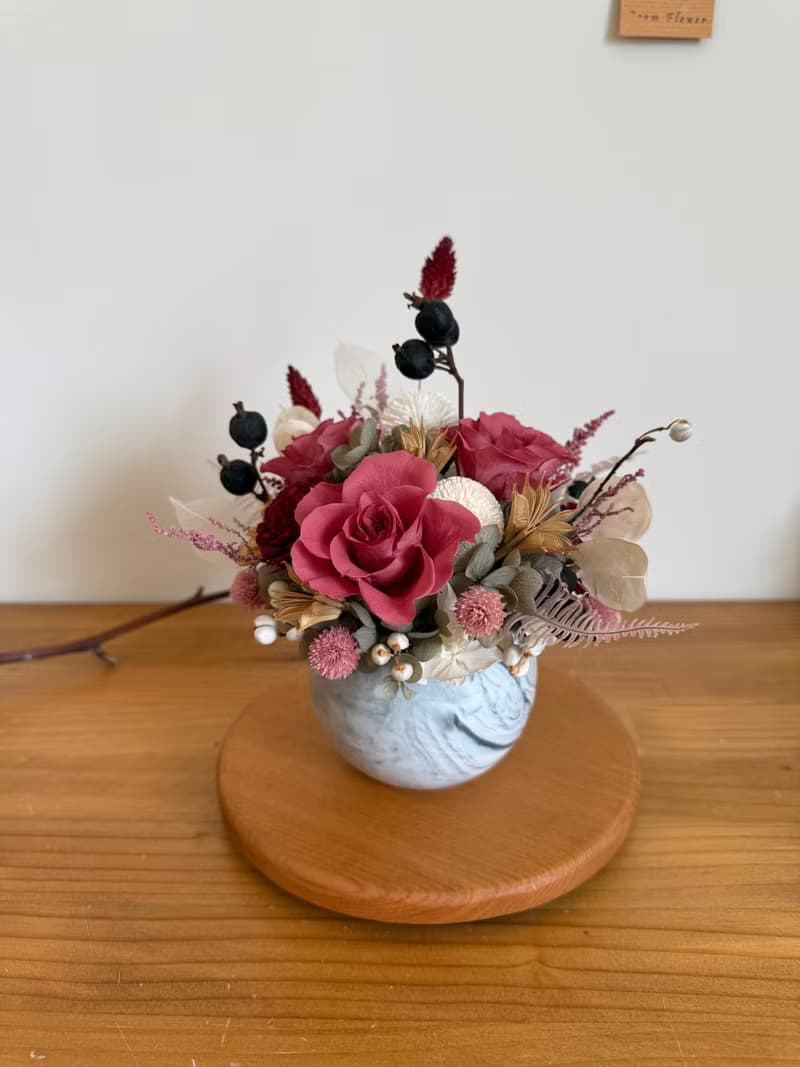 大理石小盆花 永生玫瑰 乾燥花 大理石紋 豆沙紅 送禮盆花