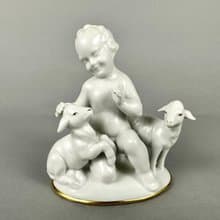 獨特的複古瓷雕像小天使與小羊 Gerold & Co. Tettau 巴伐利亞