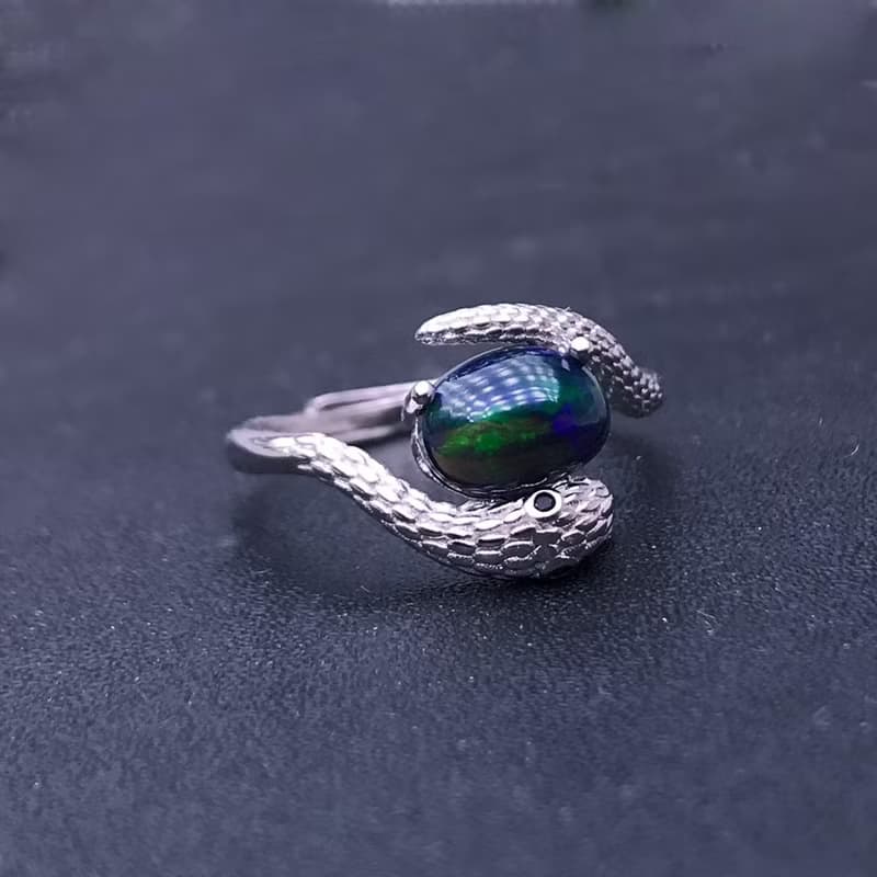 Black Opal Ring, Snake Ring, Opal Silver Ring, 925 Sterling Silver