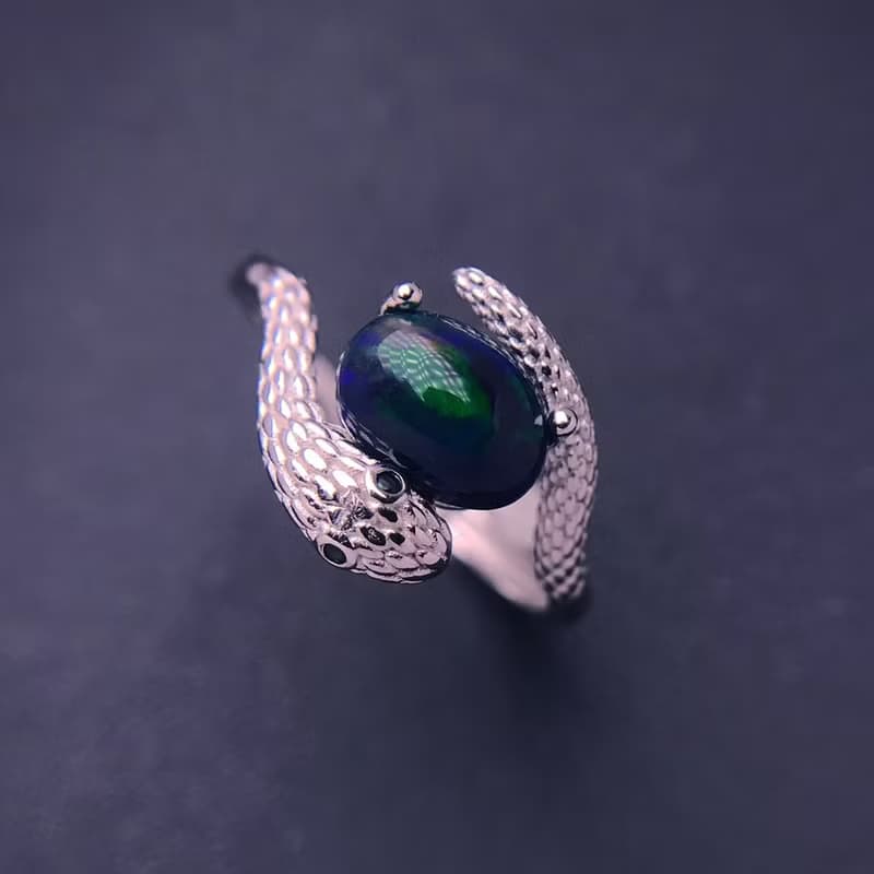 Black Opal Ring, Snake Ring, Opal Silver Ring, 925 Sterling Silver