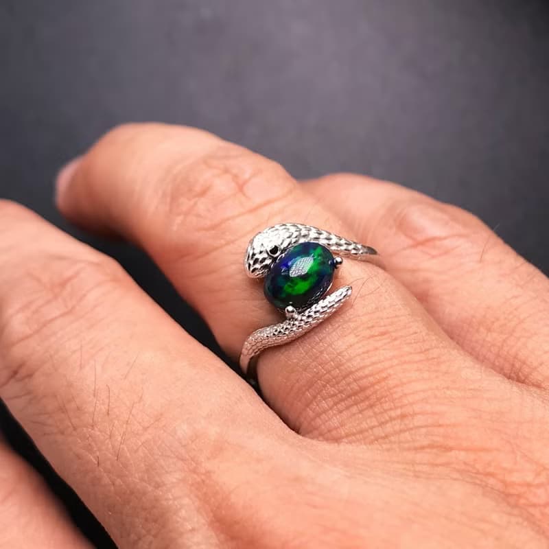 Black Opal Ring, Snake Ring, Opal Silver Ring, 925 Sterling Silver
