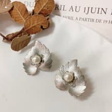 【西洋古董飾品】光澤感銀 掐絲紋 花卉珍珠感 葉片紋理 耳環耳夾
