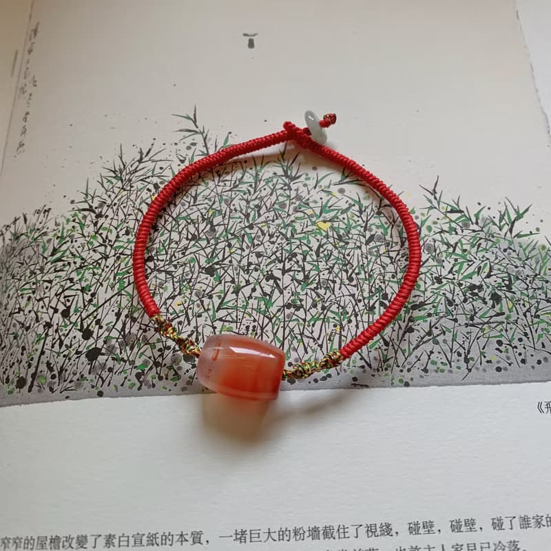 手作 暮煙常故。天然南紅瑪瑙桶珠復古編織手繩 手鏈原創古風