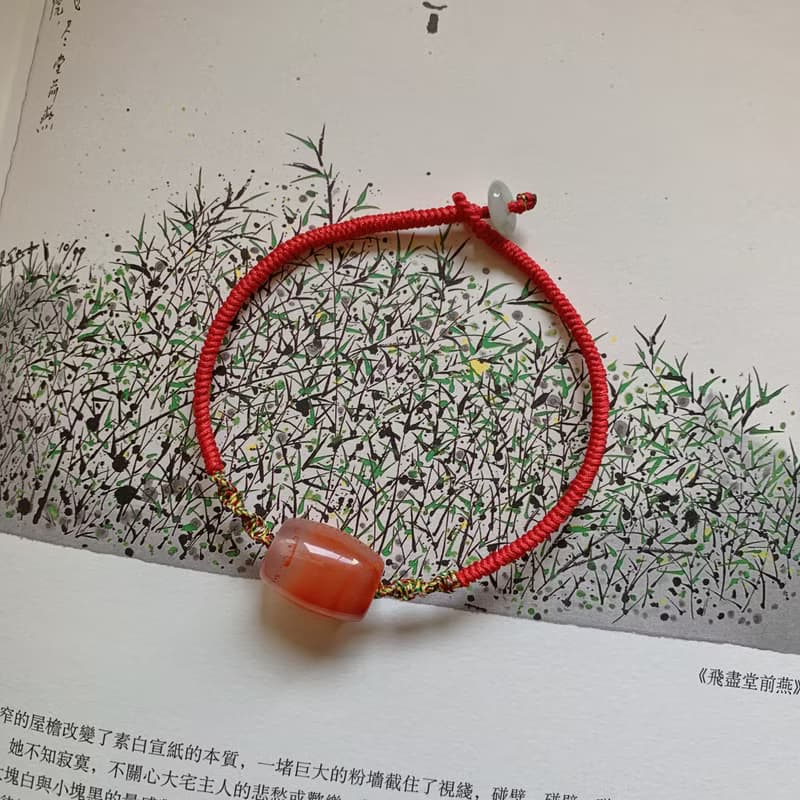 手作 暮煙常故。天然南紅瑪瑙桶珠復古編織手繩 手鏈原創古風