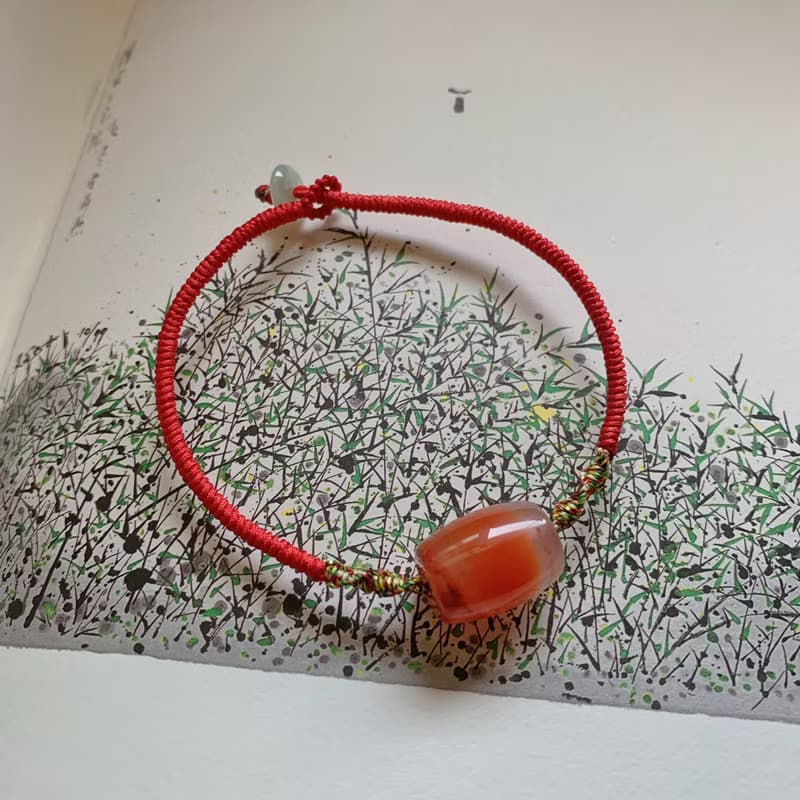 手作 暮煙常故。天然南紅瑪瑙桶珠復古編織手繩 手鏈原創古風