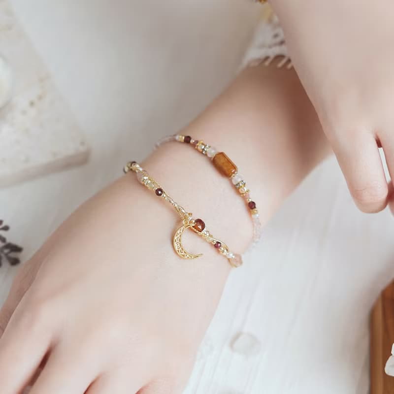 桃花 x 石榴石 草莓晶 黃水晶 珍珠 【吊燈花 • 相信你】手鍊