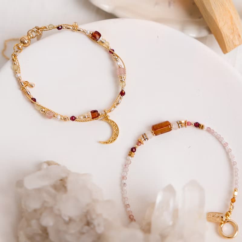 桃花 x 石榴石 草莓晶 黃水晶 珍珠 【吊燈花 • 相信你】手鍊