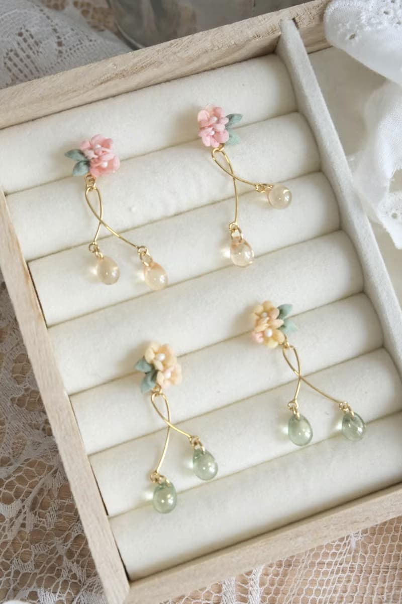 紫式 日系迷你茶花耳釘 細工花布花