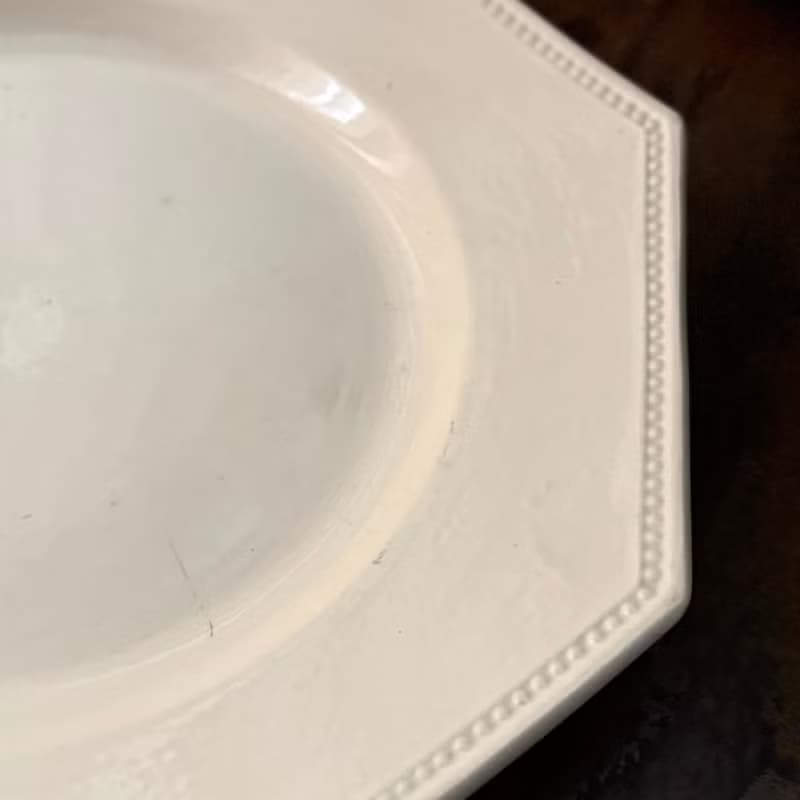 50668- 絕美稀有法國古董Sarreguemines八角珍珠邊飾大瓷盤30cm