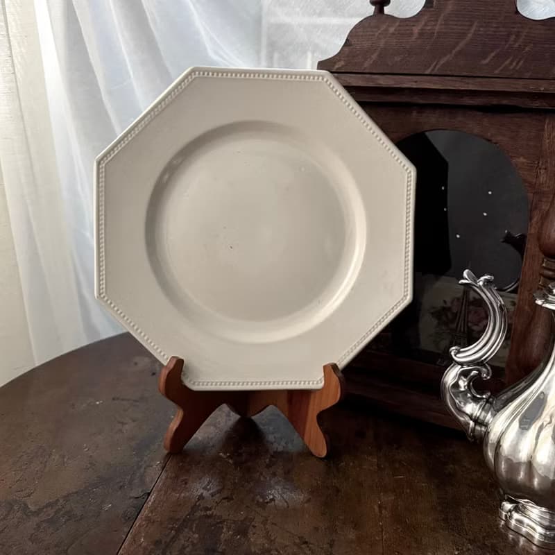 50668- 絕美稀有法國古董Sarreguemines八角珍珠邊飾大瓷盤30cm