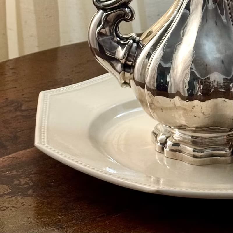 50668- 絕美稀有法國古董Sarreguemines八角珍珠邊飾大瓷盤30cm