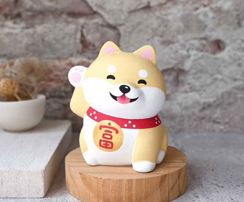 狗來富 招財柴犬名片架  淺色 手工療癒擺飾 寵物雕刻小木雕公仔
