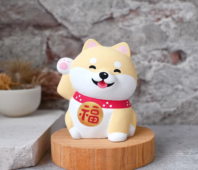 狗來富 招財柴犬名片架  淺色 手工療癒擺飾 寵物雕刻小木雕公仔